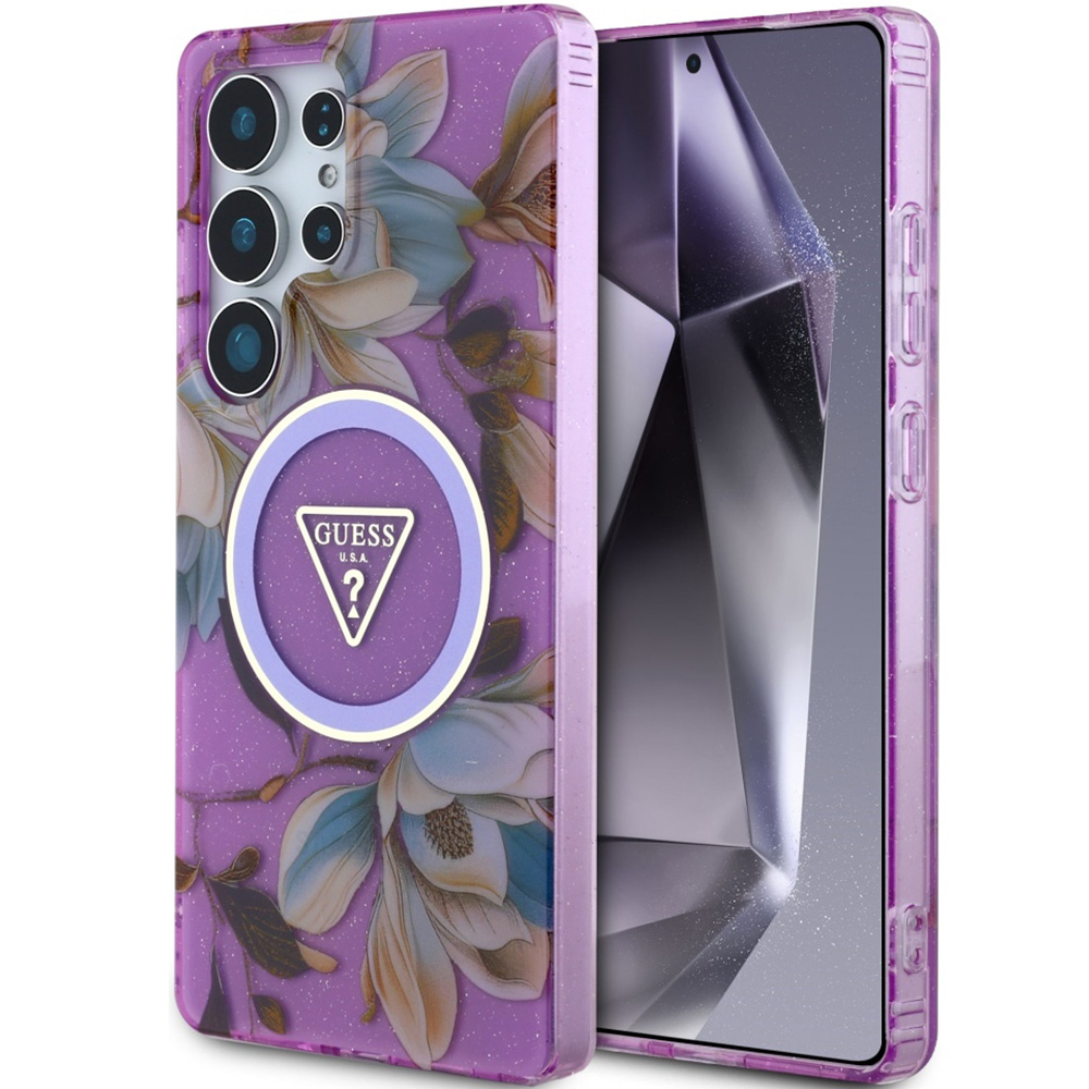 Etui Guess Glitter Flowers Triangle Buttons do MagSafe do Samsung Galaxy S25 Ultra, fioletowe